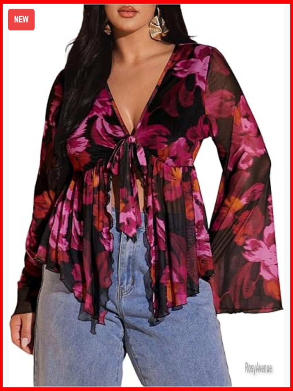 Plus Size Boho Floral Mesh Top Bell Sleeve Ruffle Tie Front Bowknot V Neck